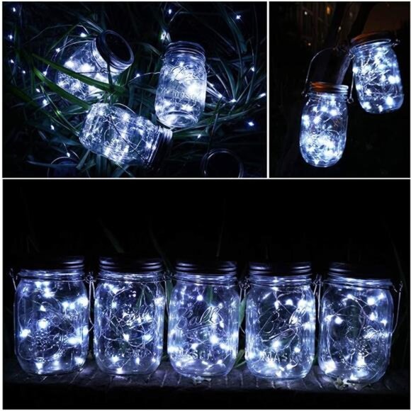 Solar Mason Jar Lights, 8 Pack 15 LED Waterproof Fairy Firefly Jar Lids String - Picture 3 of 7